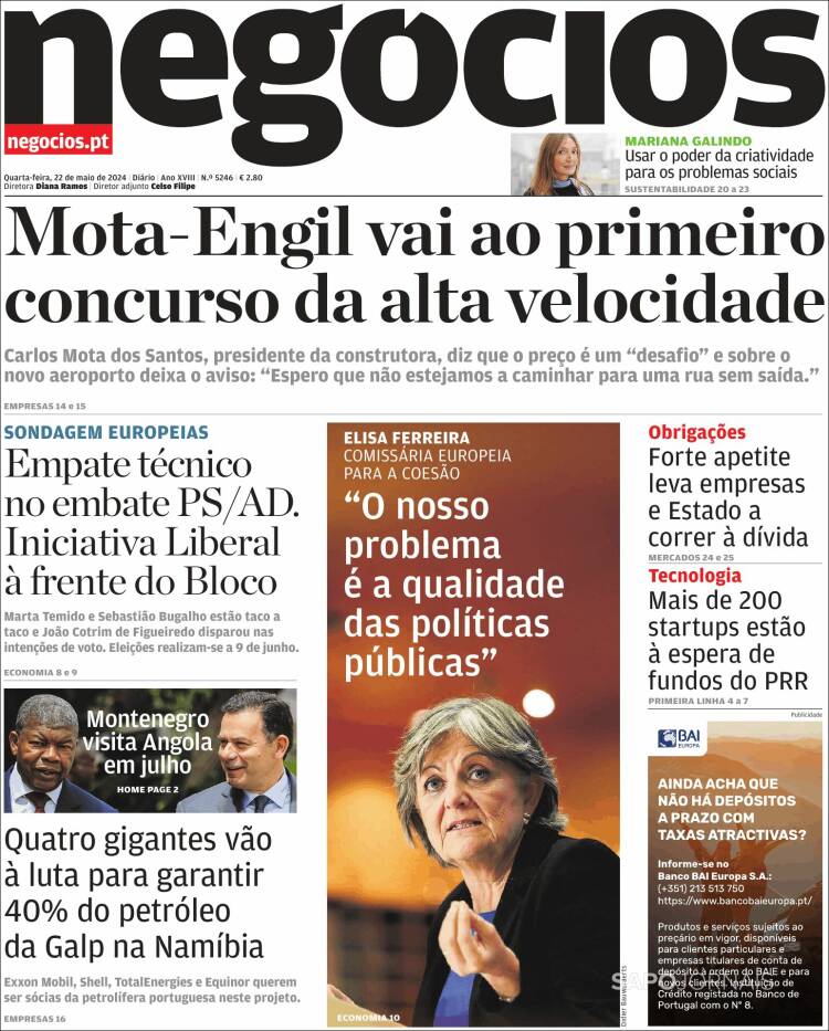 Portada de Jornal de Negócios (Portugal)