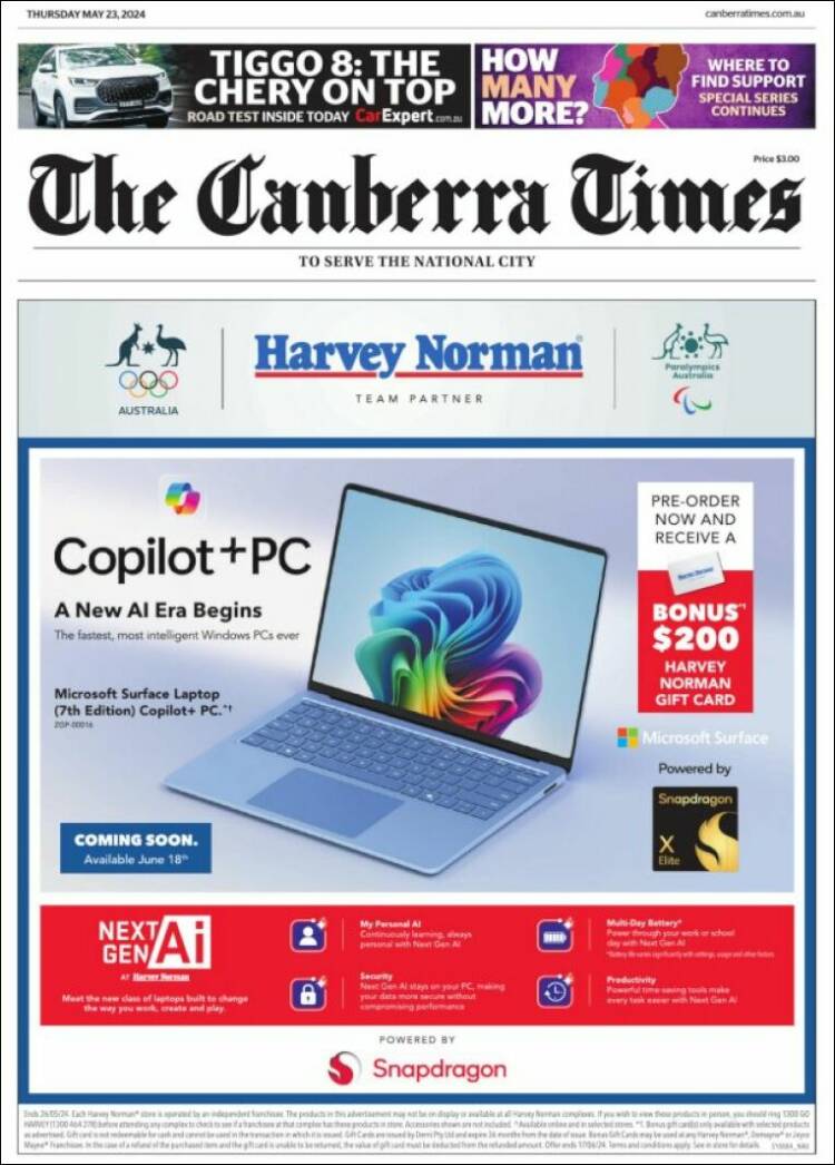 Portada de The Canberra Times (Australia)