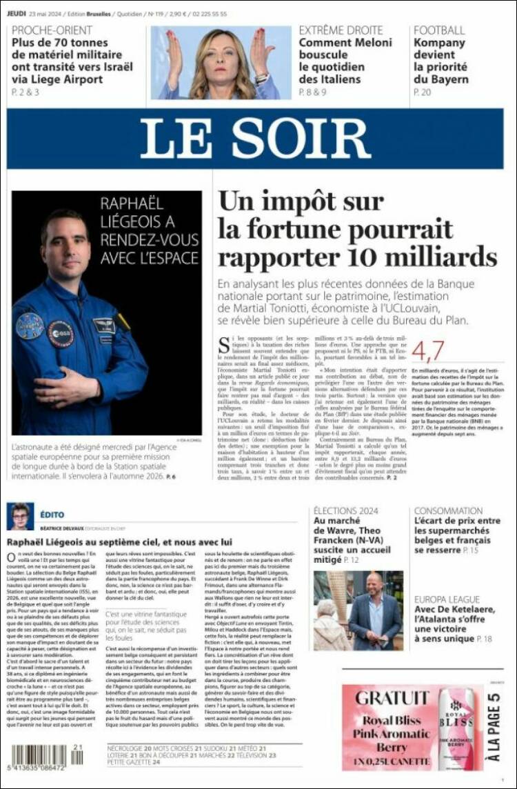 Portada de Le Soir (B&eacute;lgica)