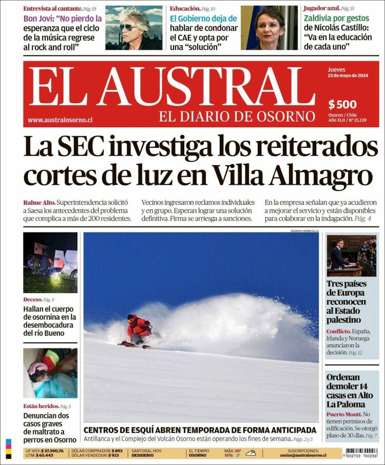 Portada de El Austral de Osorno (Chile)