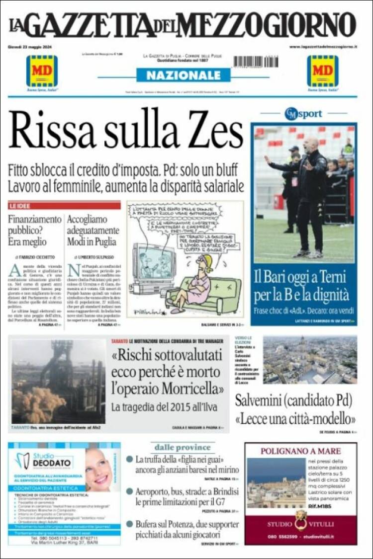 Portada de La Gazzetta del Mezzogiorno (Italia)