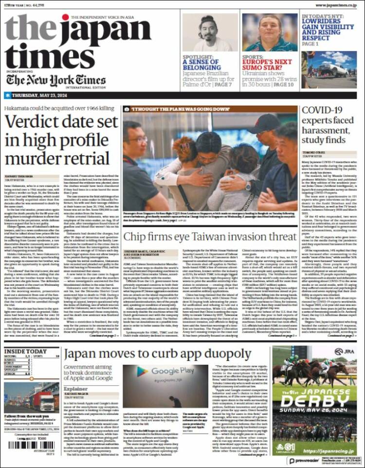 Portada de The Japan Times (Jap&oacute;n)