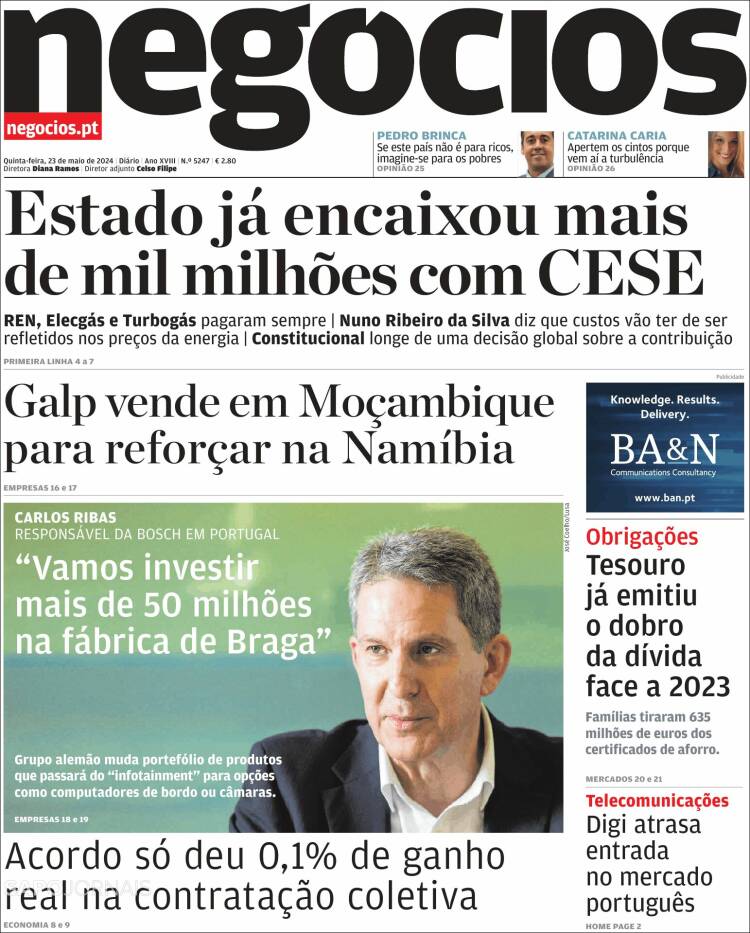 Portada de Jornal de Negócios (Portugal)