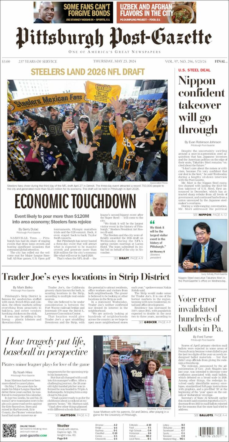 Portada de Pittsburgh Post-Gazette (USA)