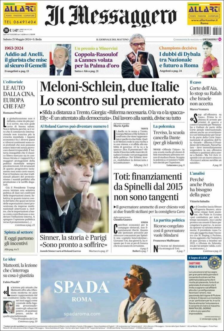 Portada de Il Messaggero (Italia)