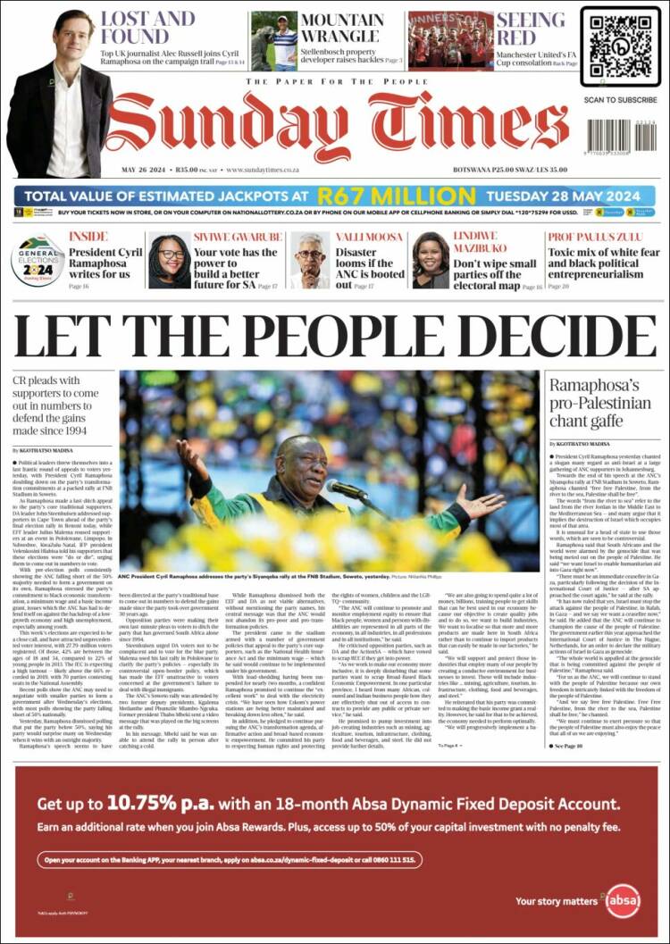 Portada de The Times (Sud&aacute;frica)