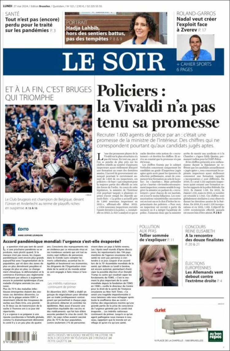 Portada de Le Soir (B&eacute;lgica)