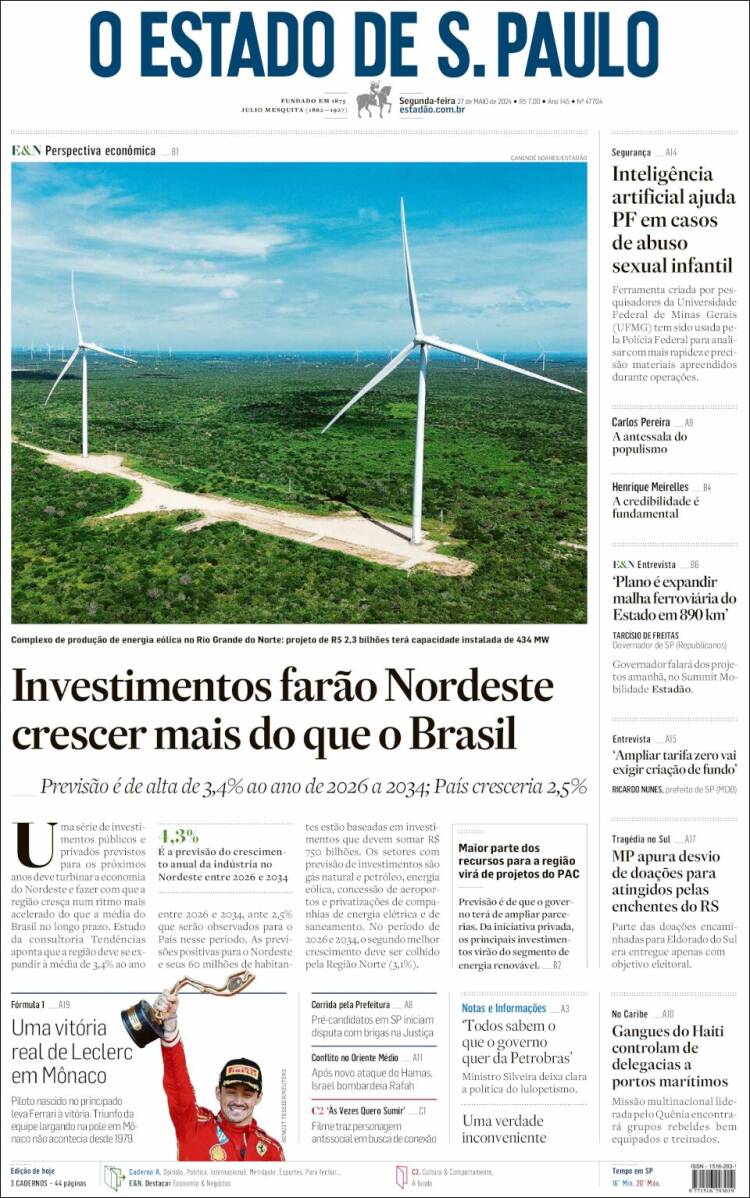 Portada de O Estado de São Paulo (Brasil)