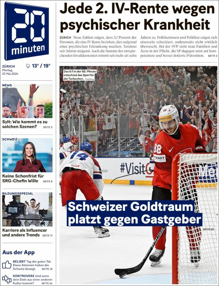 Portada de 20Minuten - Zürich (Suiza)