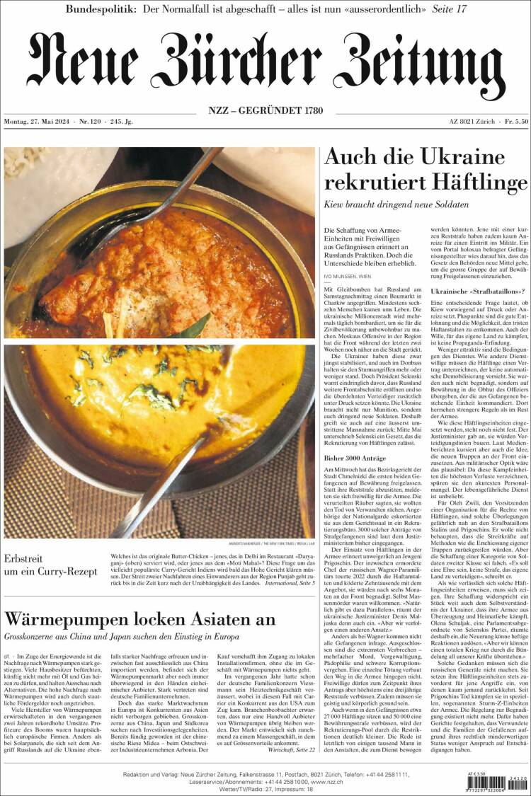Portada de Neue Zürcher Zeitung (Suiza)