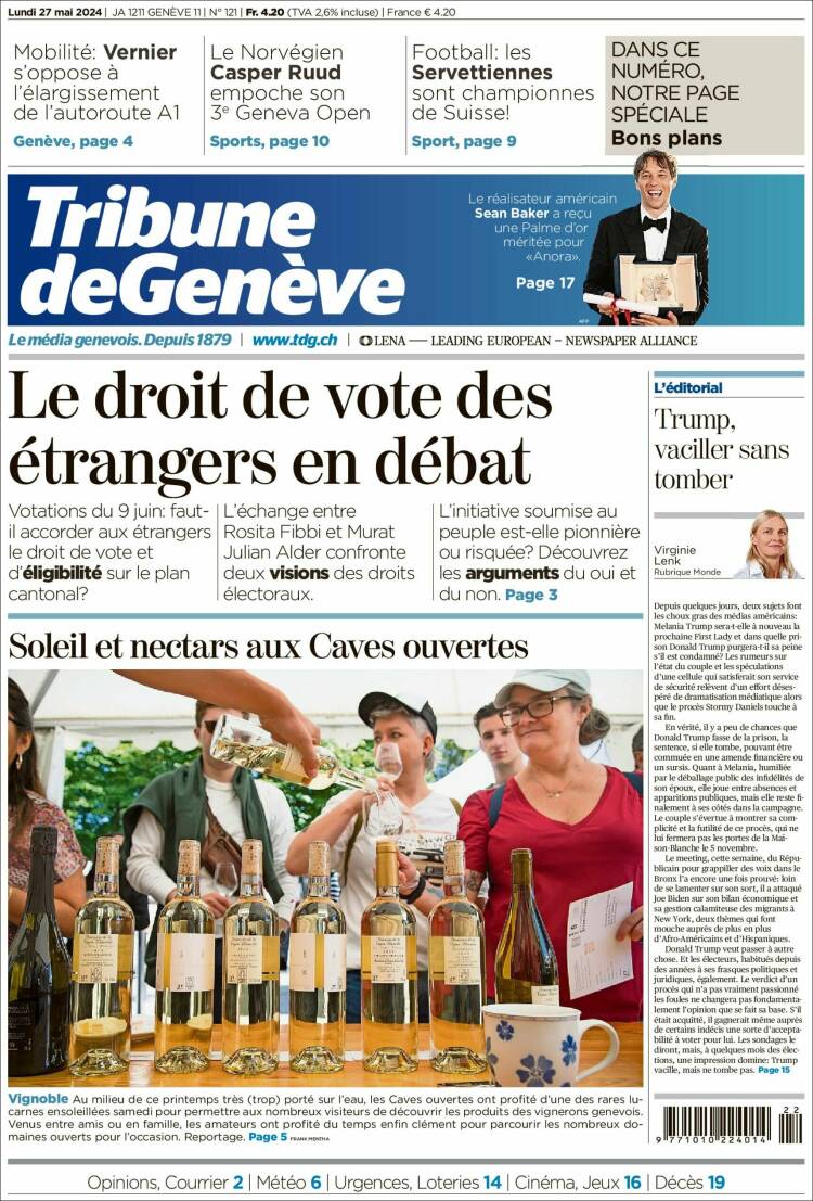 Portada de La Tribune de Genève (Suiza)