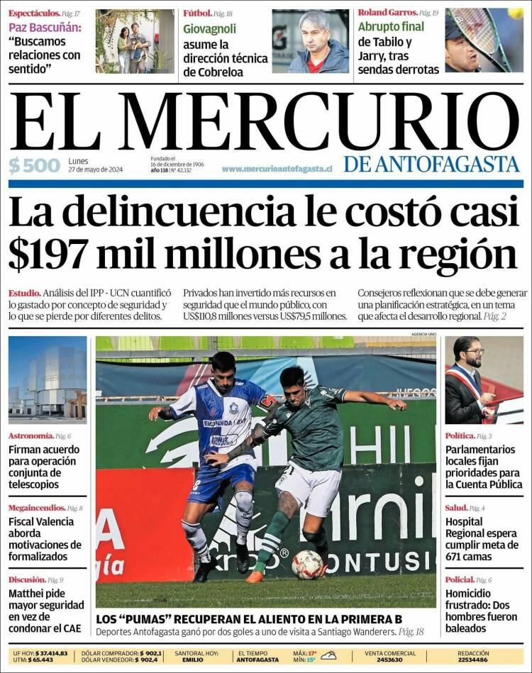 Portada de El Mercurio de Antofagasta (Chile)
