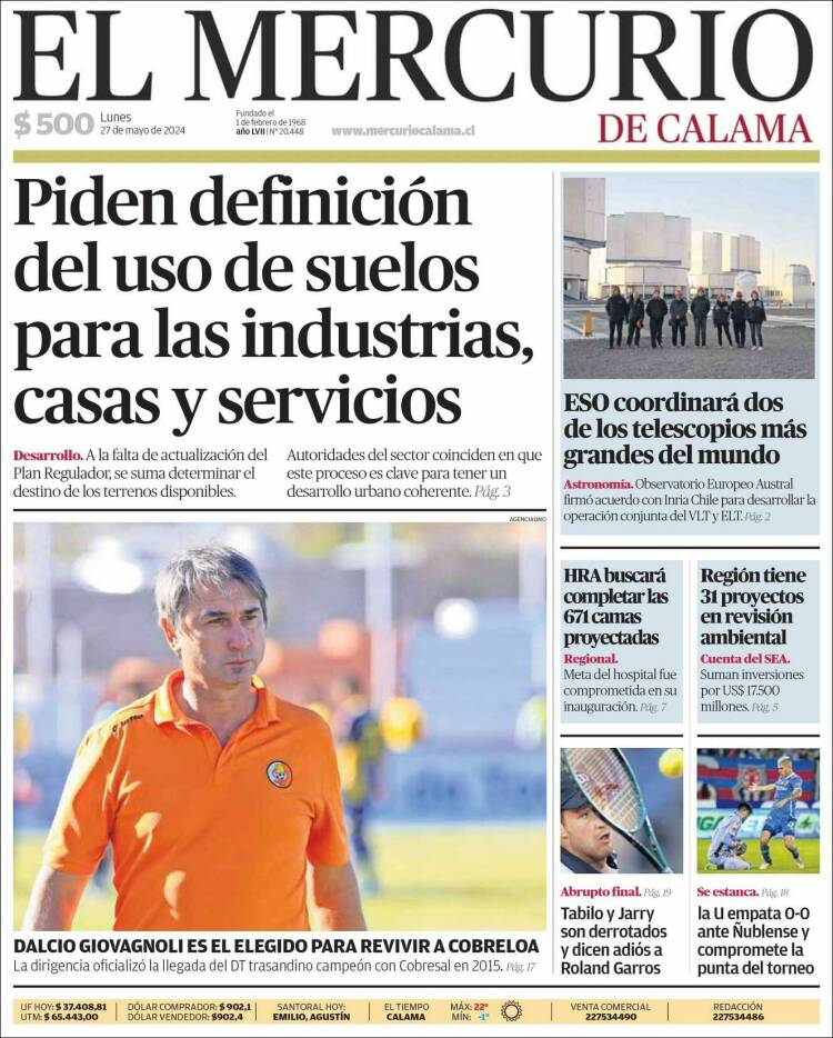 Portada de El Mercurio - Calama (Chile)