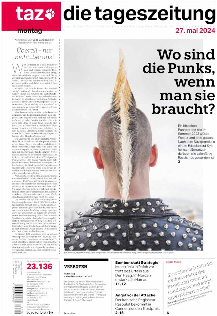 Portada de Die Tageszeitung (Alemania)