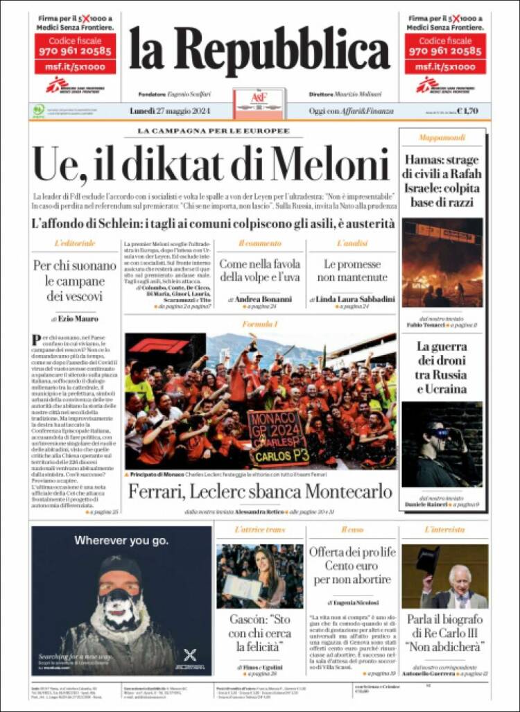 Portada de La Repubblica (Italia)