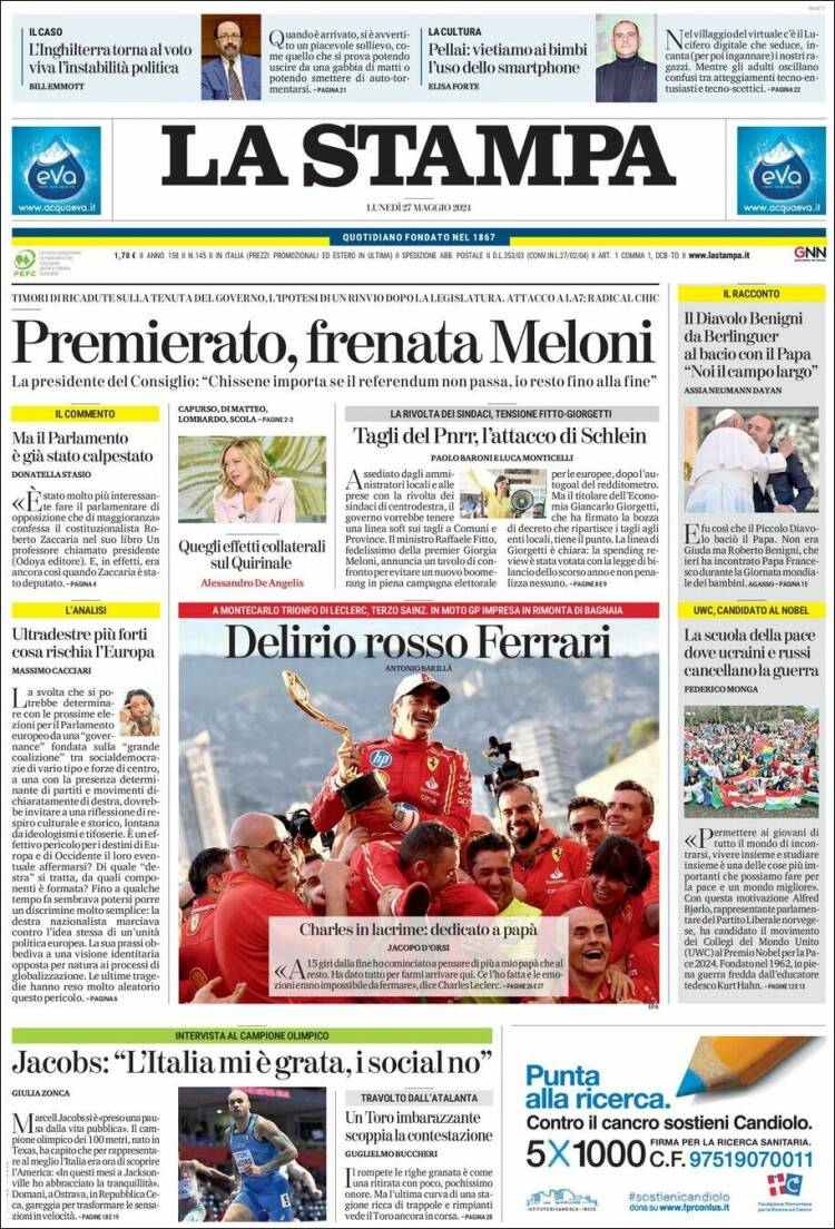Portada de La Stampa (Italia)