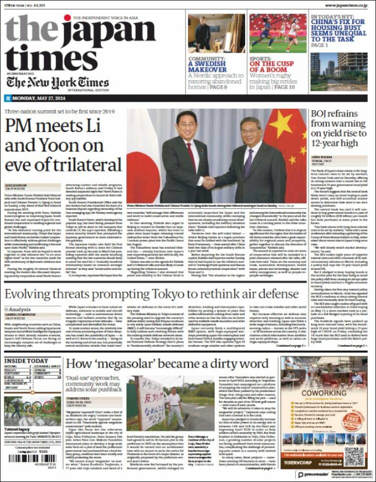 Portada de The Japan Times (Jap&oacute;n)