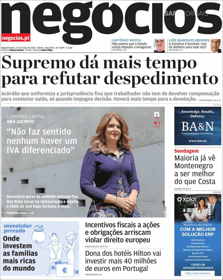 Portada de Jornal de Negócios (Portugal)