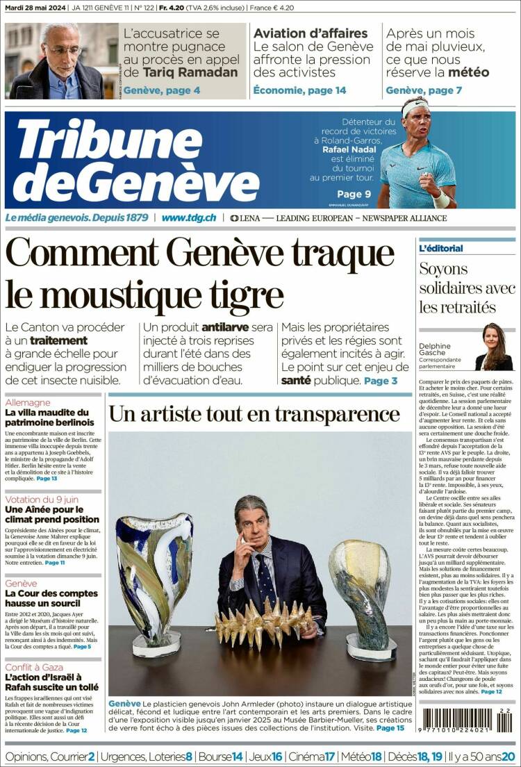 Portada de La Tribune de Genève (Suiza)