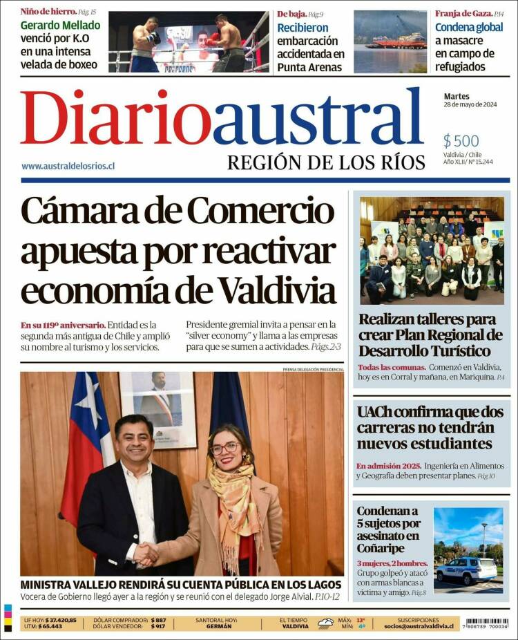 Portada de El Diario Austral de Valdivia (Chile)