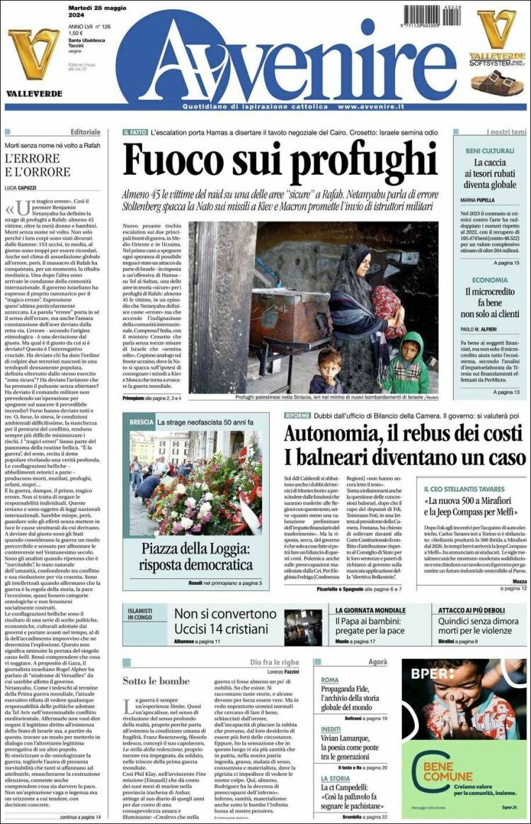 Portada de Avvenire (Italia)