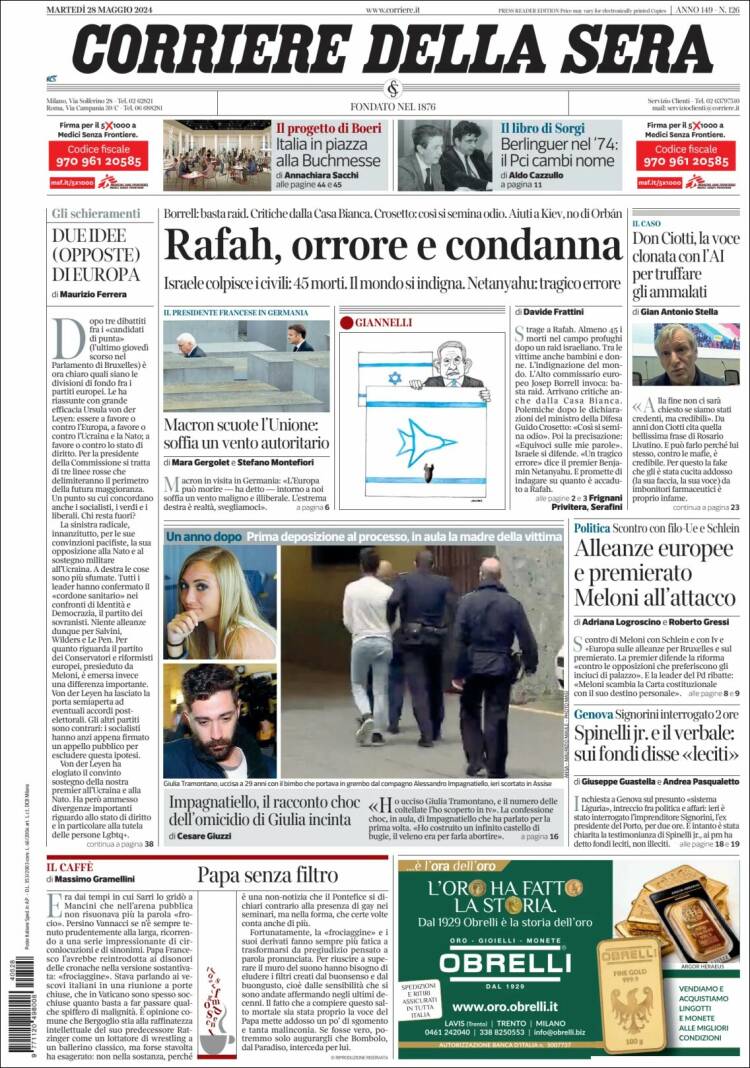 Portada de Corriere della Sera (Italia)