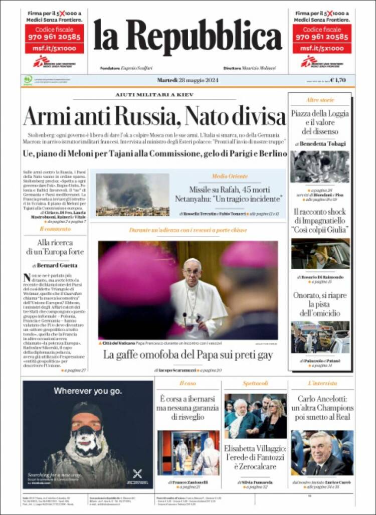 Portada de La Repubblica (Italia)