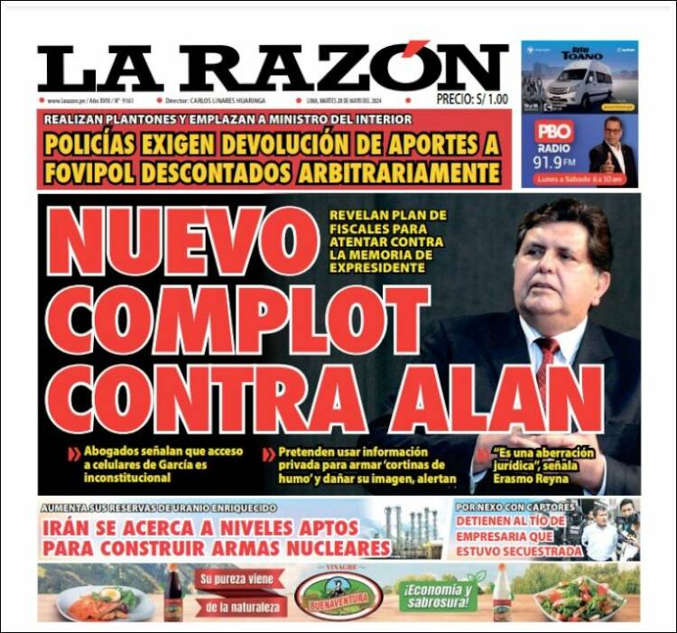 Portada de La Razón (Per&uacute;)