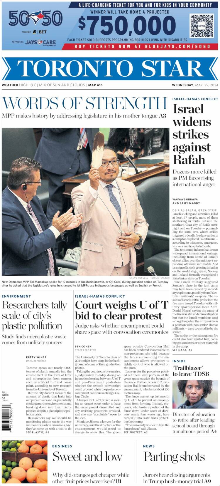 Portada de The Toronto Star (Canadá)