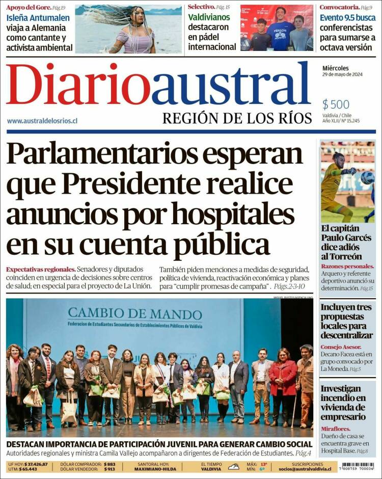 Portada de El Diario Austral de Valdivia (Chile)