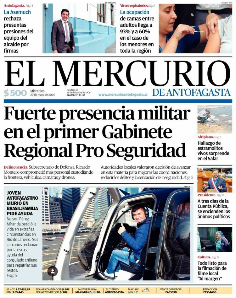 Portada de El Mercurio de Antofagasta (Chile)