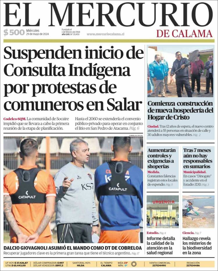 Portada de El Mercurio - Calama (Chile)