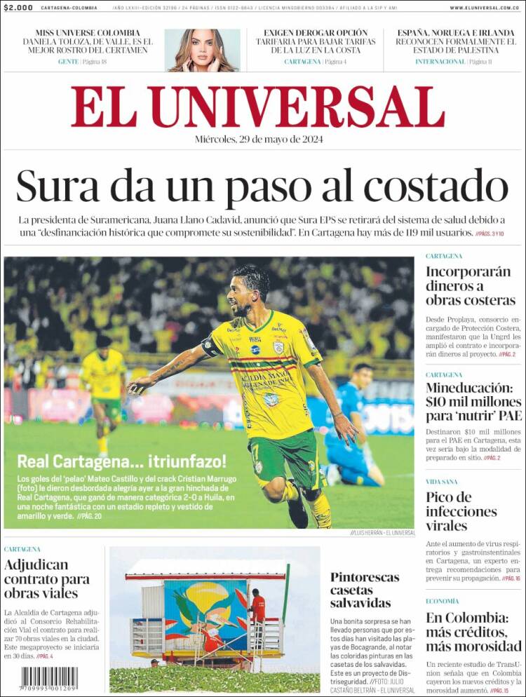 Portada de El Universal (Colombia)