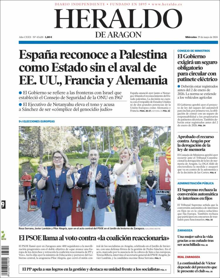 Portada de Heraldo de Aragón (España)