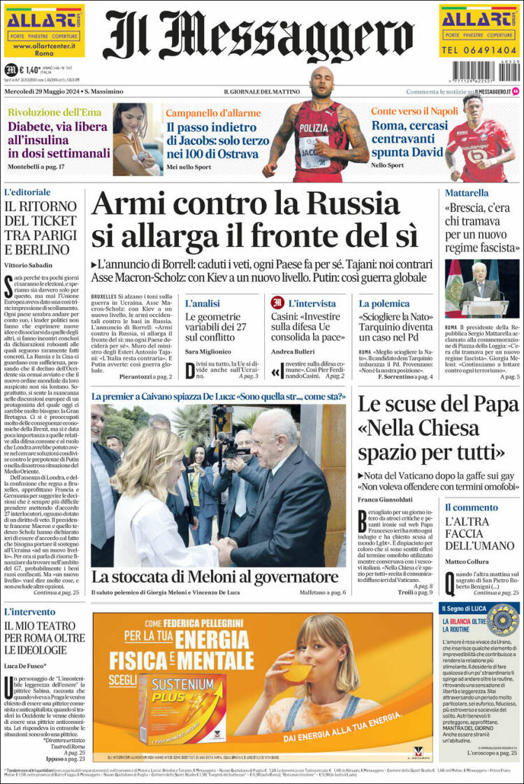 Portada de Il Messaggero (Italia)