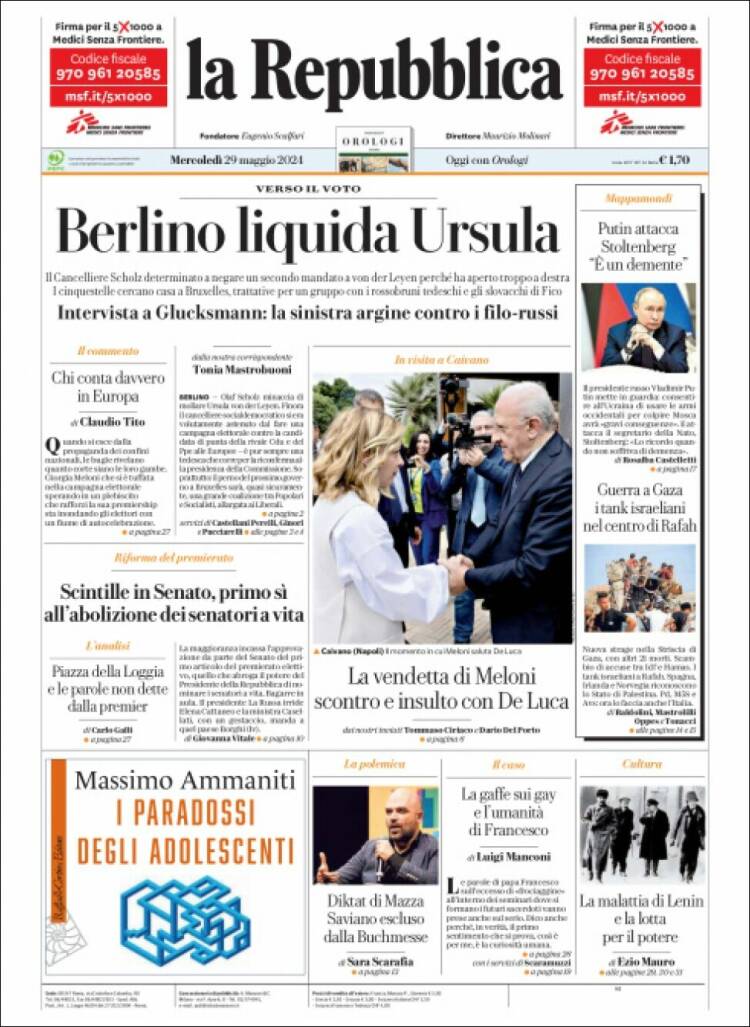 Portada de La Repubblica (Italia)