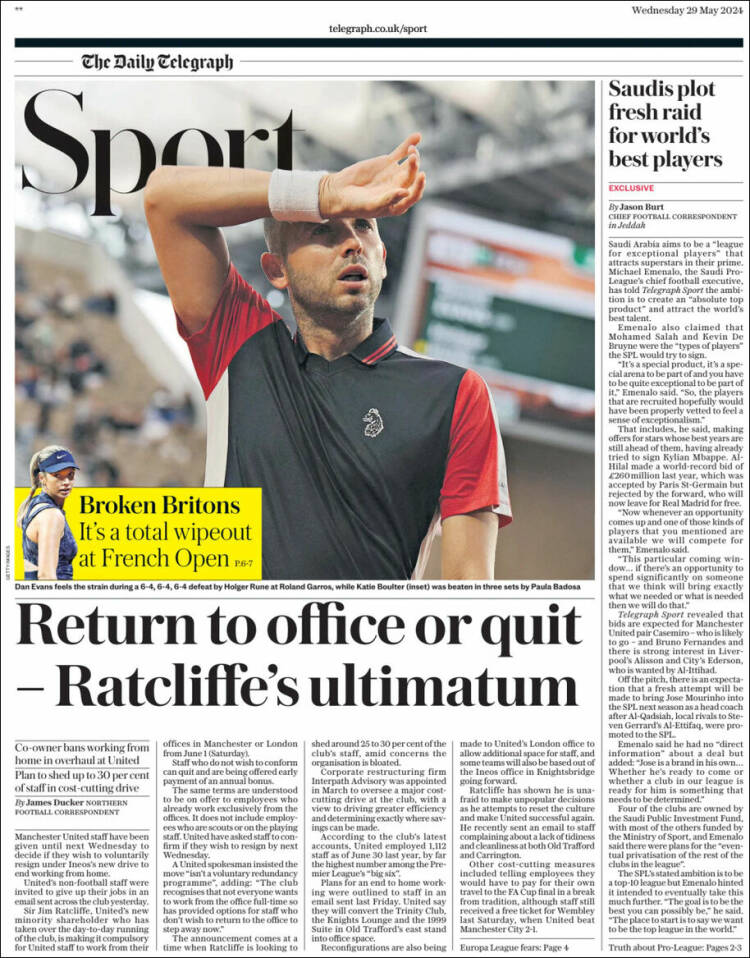 Portada de Telegraph Sport (Reino Unido)