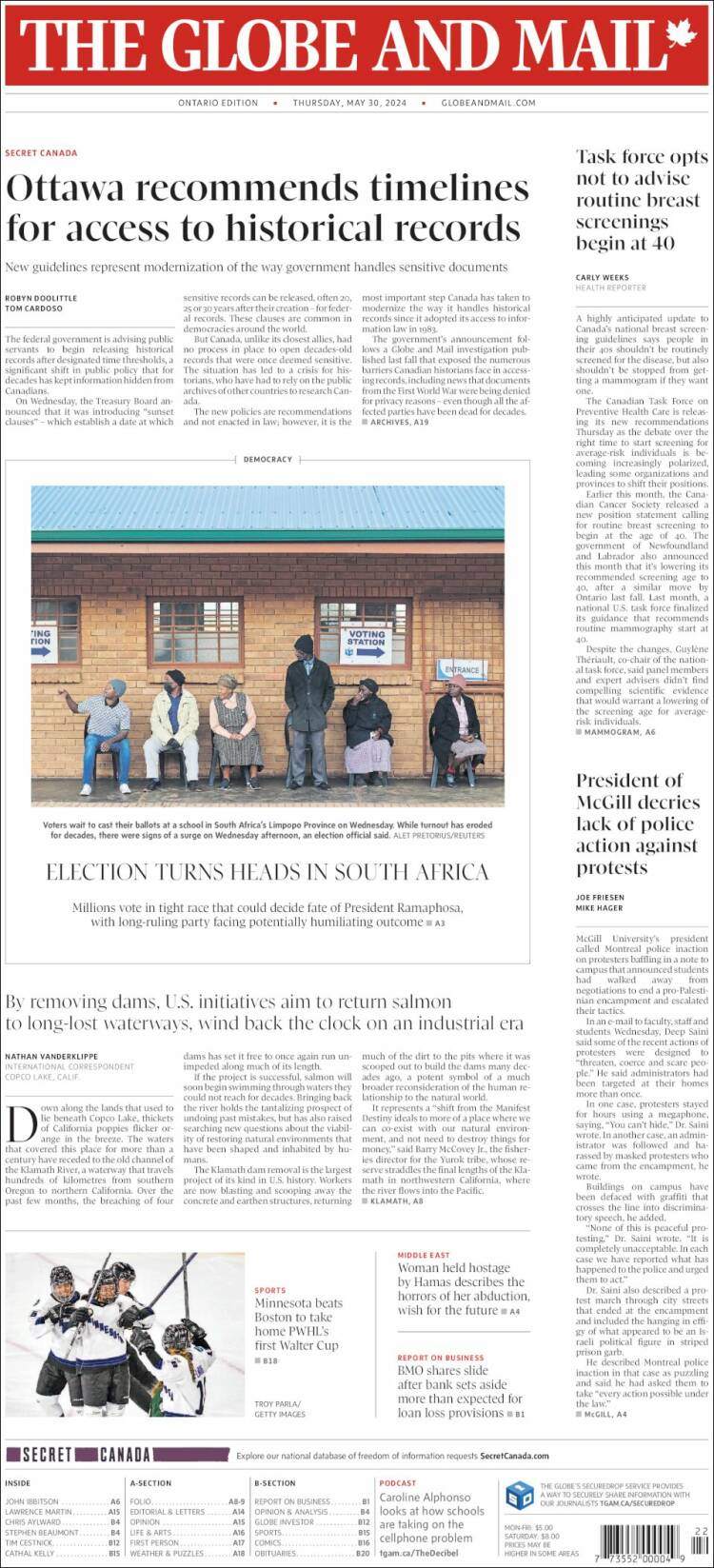 Portada de The Globe and Mail (Canadá)