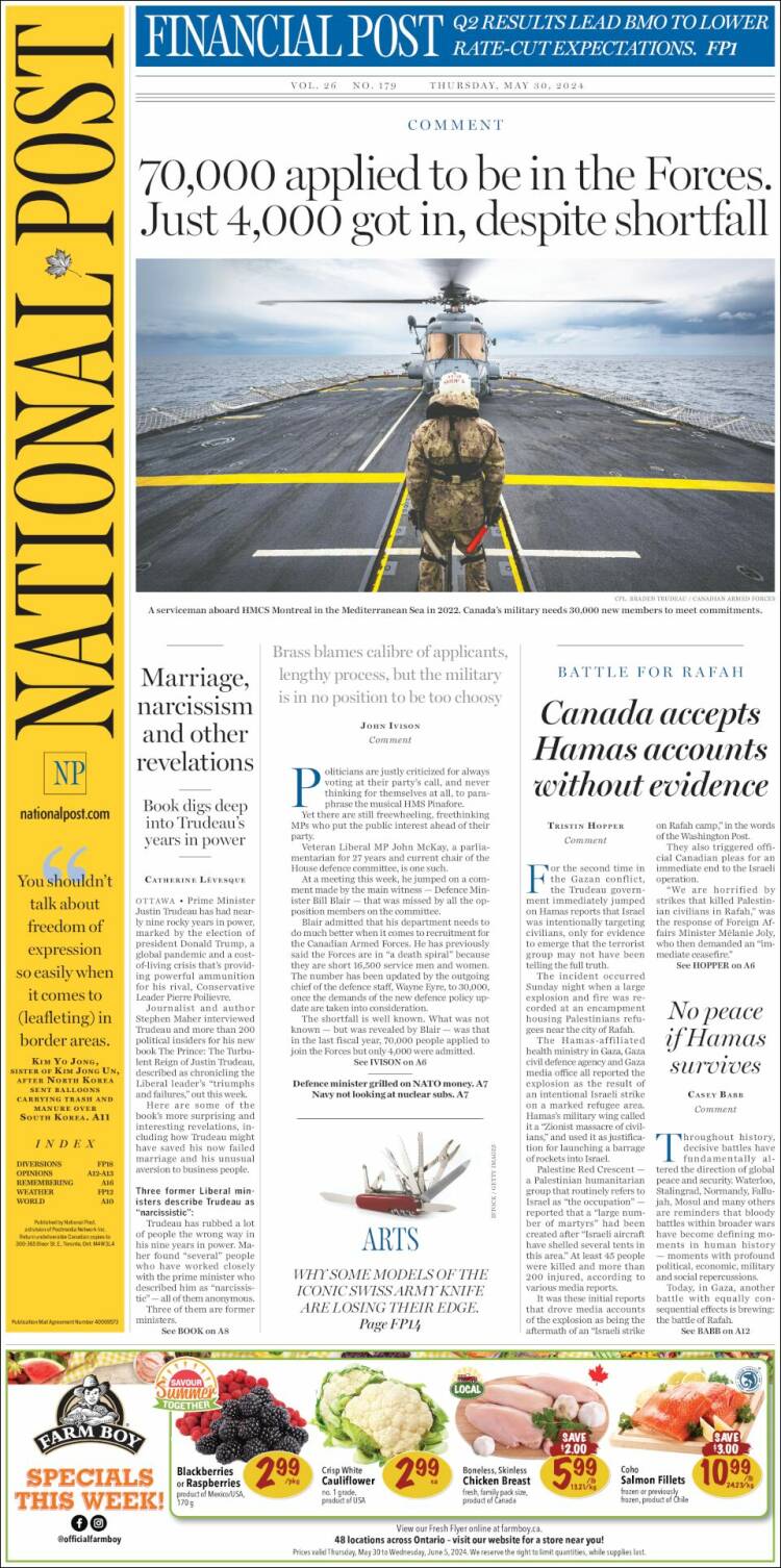 Portada de The National Post (Canadá)