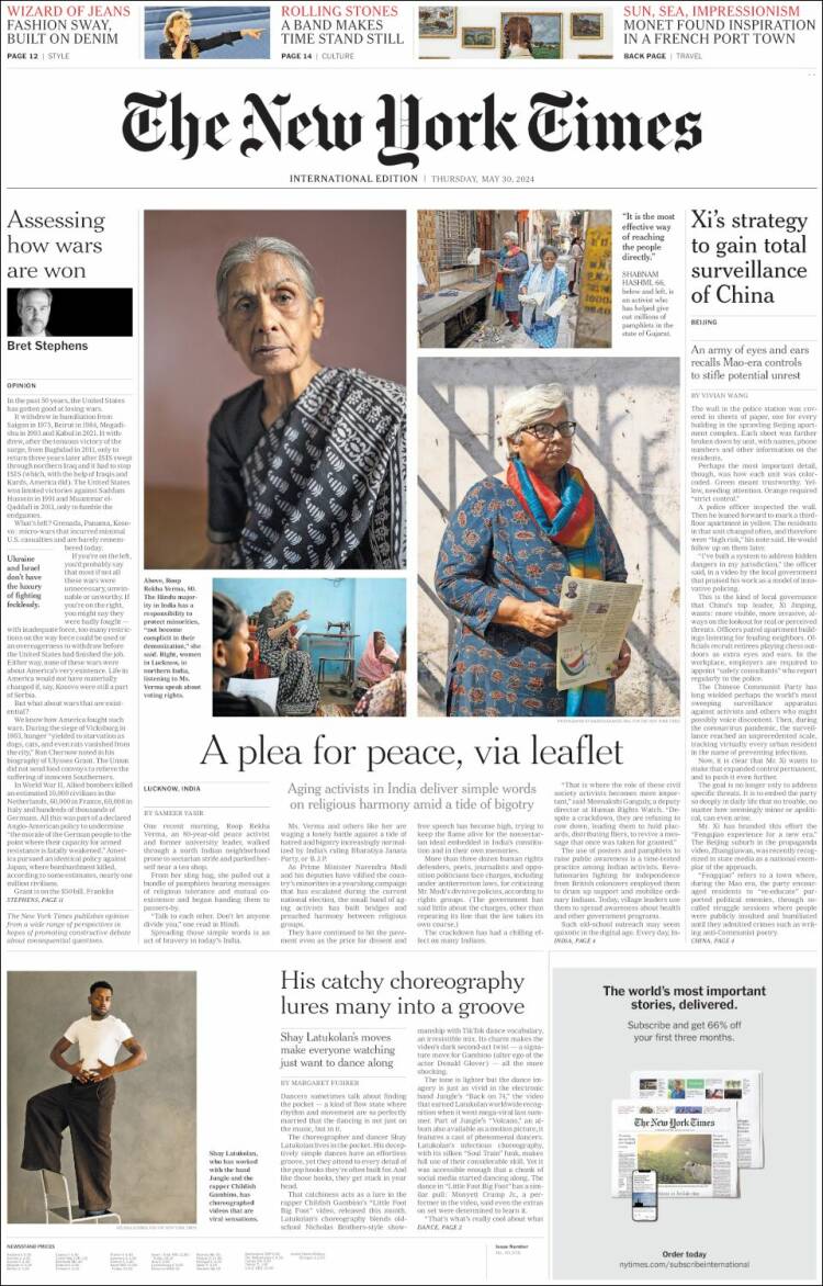 Portada de International New York Times (Europa)