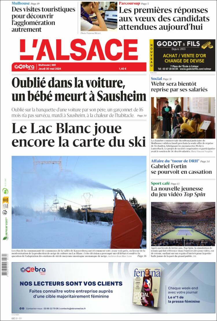 Portada de Journal L'Alsace (Francia)
