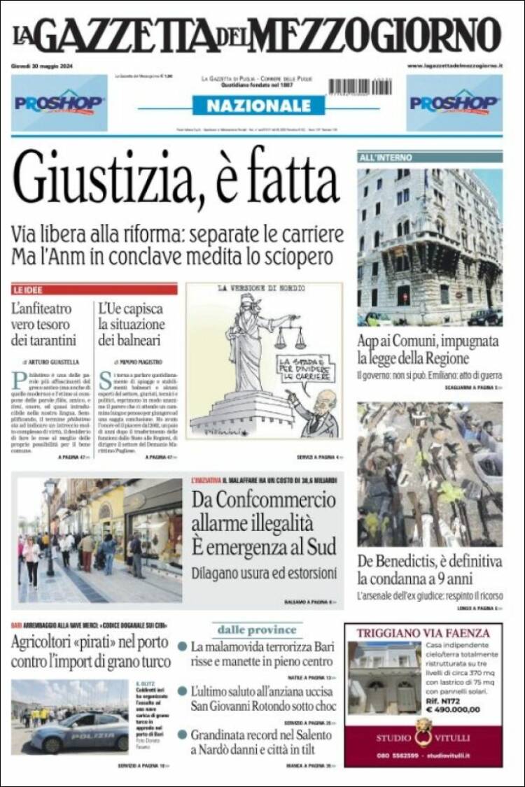 Portada de La Gazzetta del Mezzogiorno (Italia)