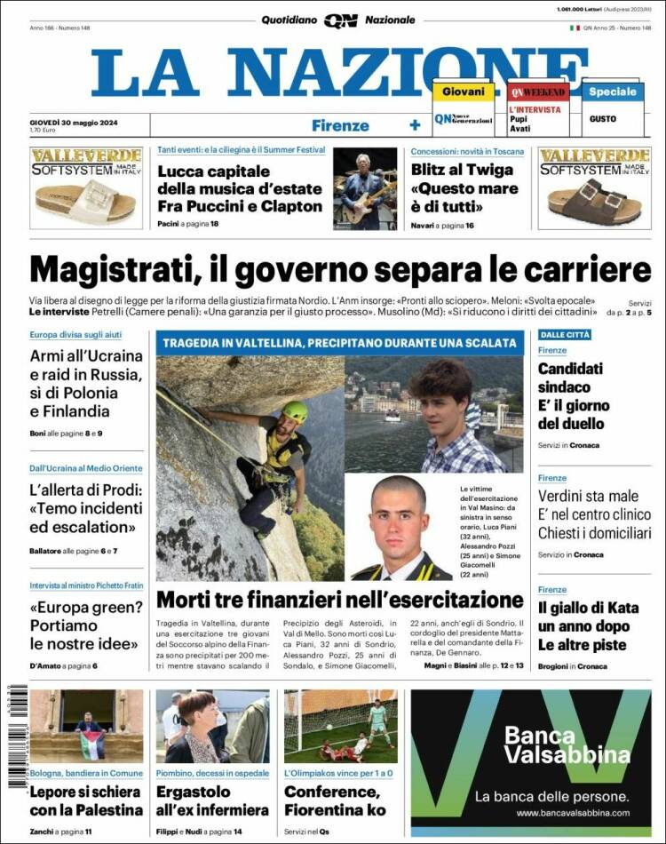 Portada de La Nazione (Italia)