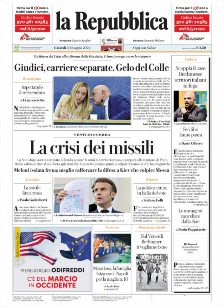 Portada de La Repubblica (Italia)