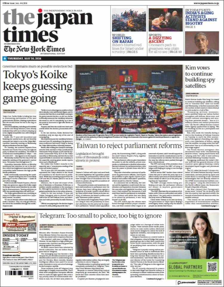 Portada de The Japan Times (Jap&oacute;n)
