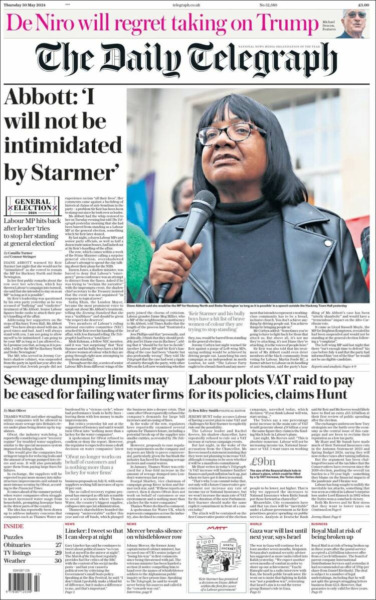 Portada de Daily Telegraph (Reino Unido)