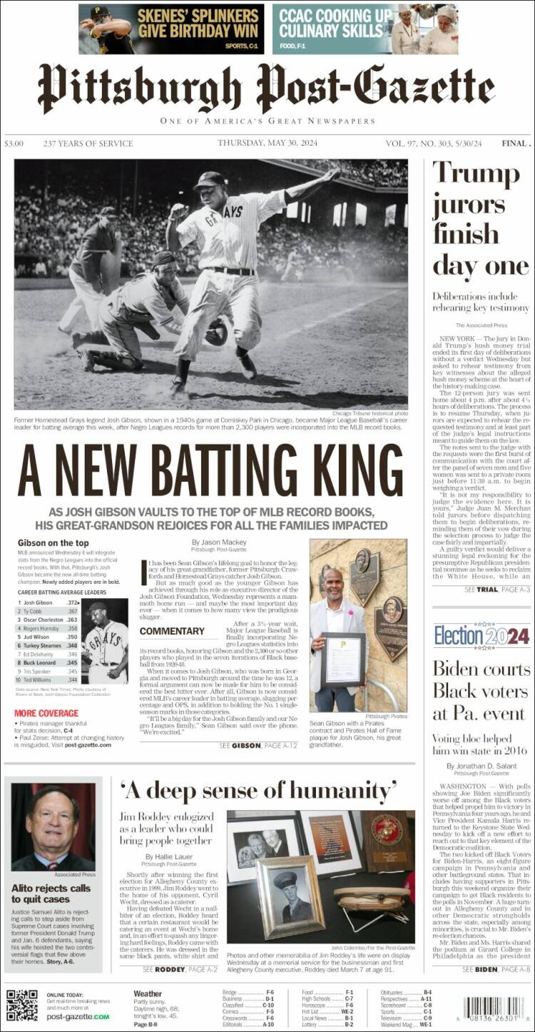 Portada de Pittsburgh Post-Gazette (USA)