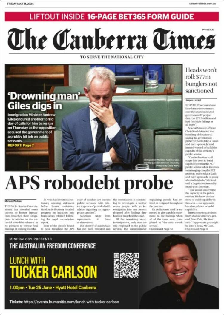Portada de The Canberra Times (Australia)