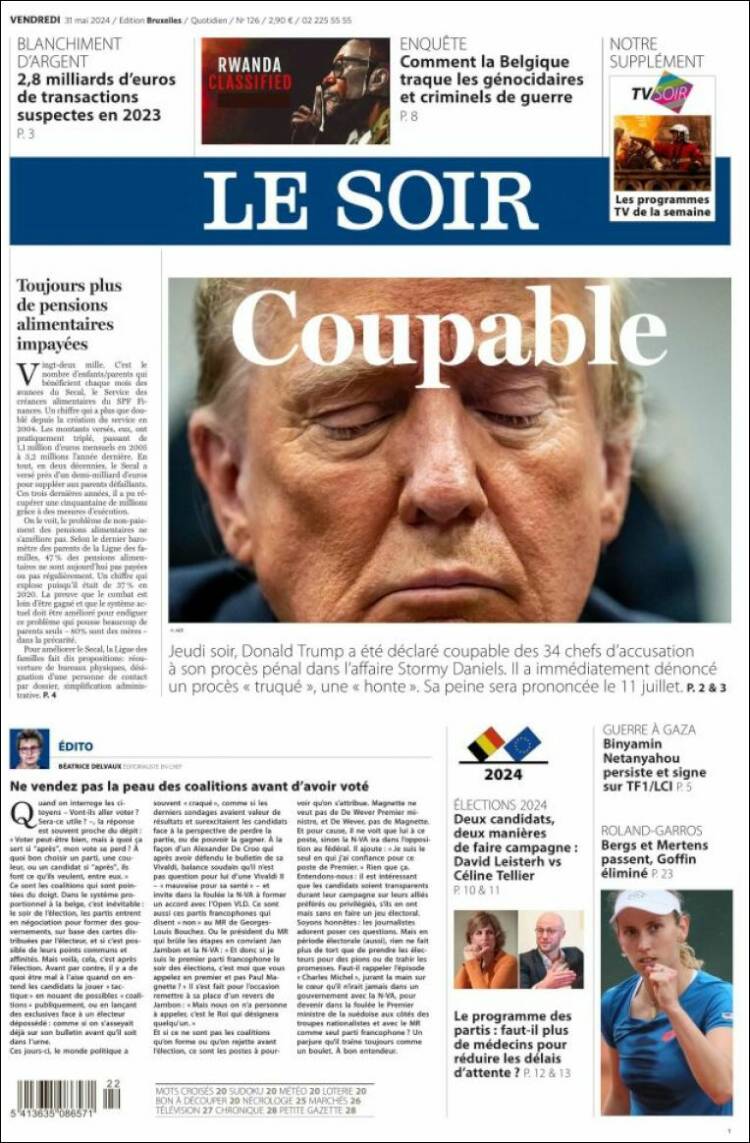 Portada de Le Soir (B&eacute;lgica)