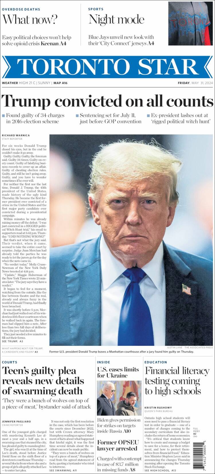 Portada de The Toronto Star (Canadá)